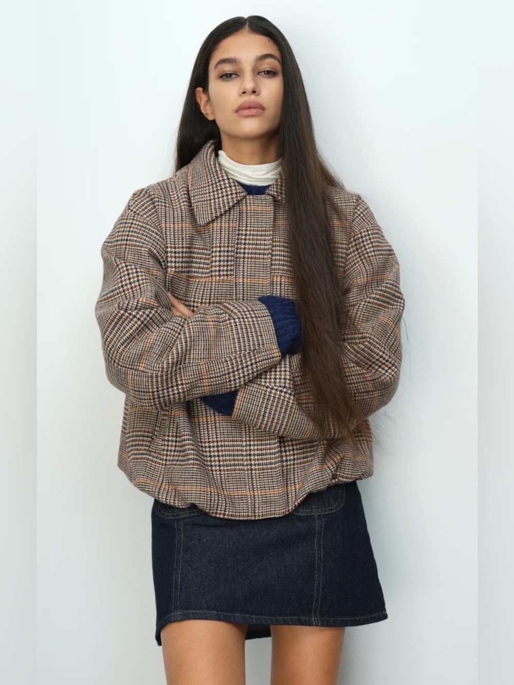 H&M Checked Boxy Bomber in Brown and Navy